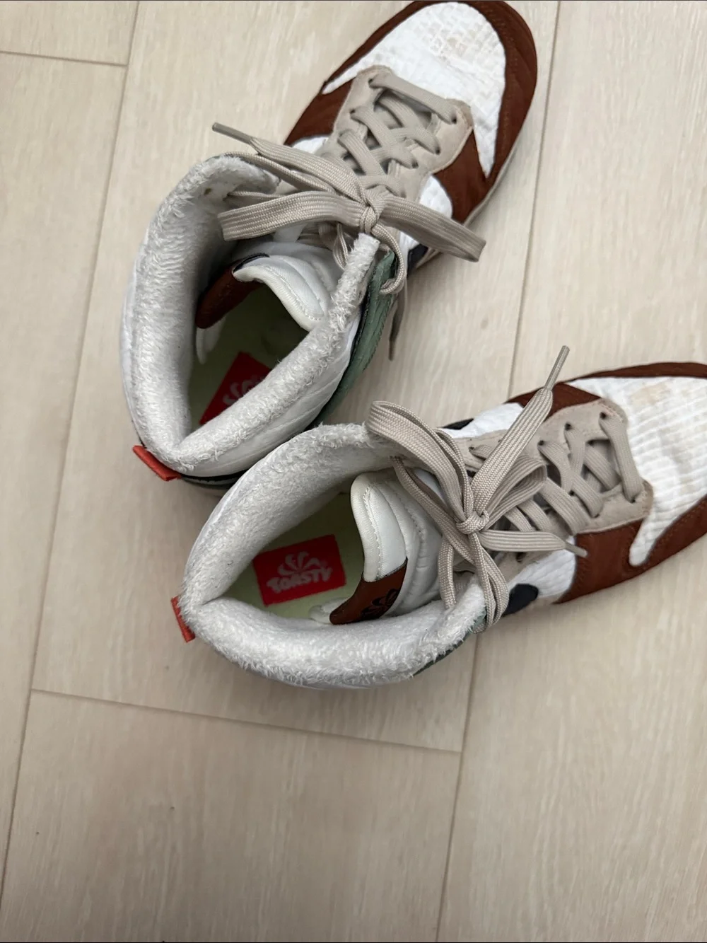 Nike Next Nature Toasty White Brown Green Dunks Sneakers with Black Swoosh
